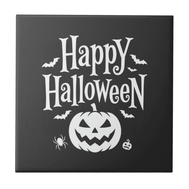 Happy Halloween Pumpkin Bat Spider Design Tile (Front)