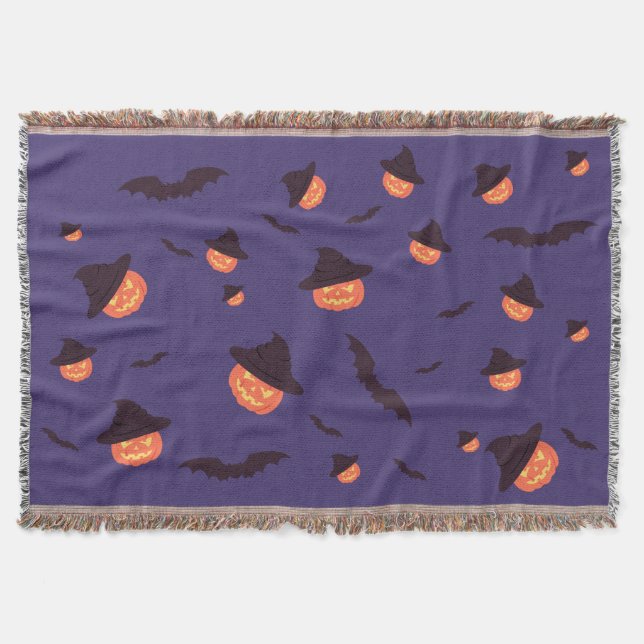 Happy Halloween Pumpkin & Bats Throw Blanket  (Front)