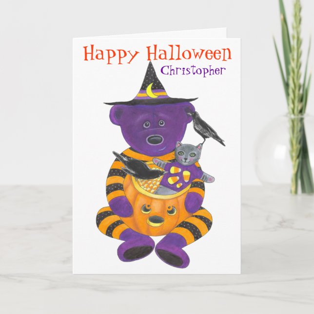 Happy Halloween Pumpkin Bear with Cat and Crows Card (Front)