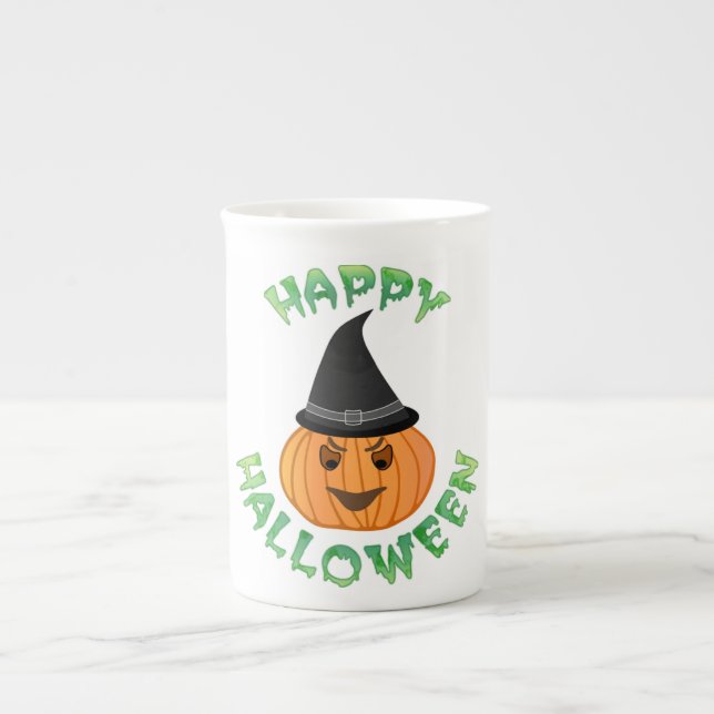 "HAPPY HALLOWEEN" PUMPKIN BONE CHINA MUG (Front)