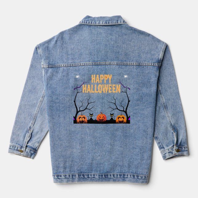 Happy Halloween Pumpkin & Cats Orange T-Shirt Denim Jacket (Back)
