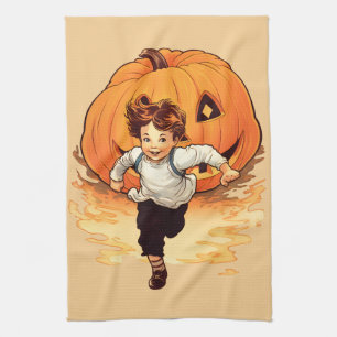 Happy Halloween Pumpkin Chasing Young Boy  Tea Towel