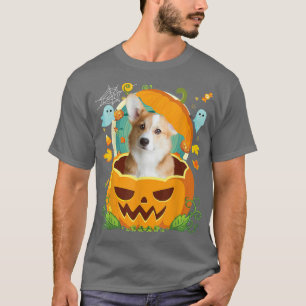Happy Halloween Pumpkin Corgi Dog Witch Cute Hat L T-Shirt