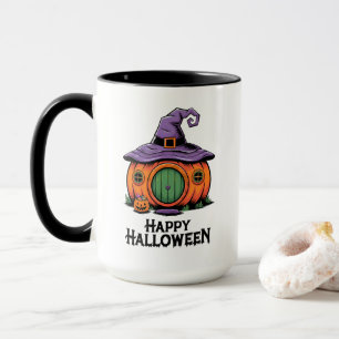 Happy Halloween Pumpkin Cottage & Witch Hat Roof Mug