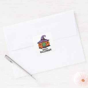 Happy Halloween Pumpkin Cottage & Witch Hat Roof Square Sticker