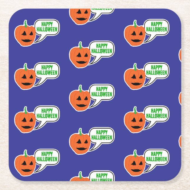 Happy Halloween Pumpkin Face Square Paper Coaster (Front)