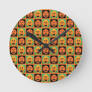 Happy Halloween pumpkin faces Round Clock