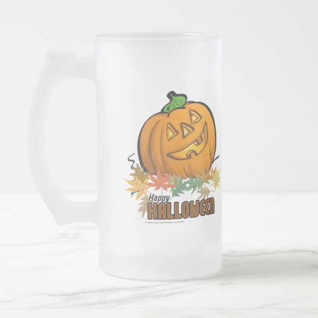 Happy Halloween Pumpkin Frosted Glass Beer Mug (Left)
