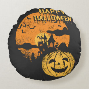 Happy Halloween Pumpkin Funny Spooky Bat Scary Round Cushion