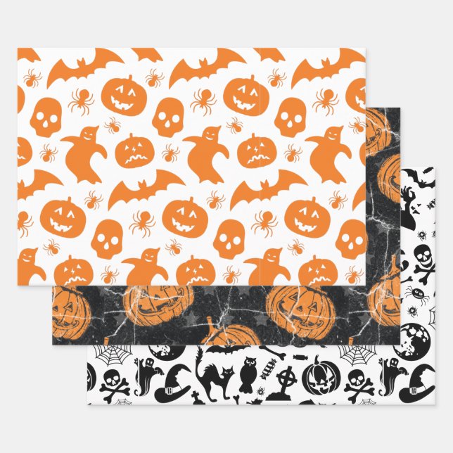 Happy Halloween Pumpkin Ghost Pattern Wrapping Paper Sheet (Set)