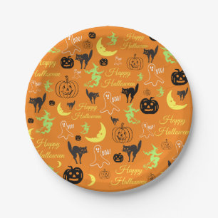 Happy Halloween Pumpkin Ghost Witch Moon Orange Paper Plate