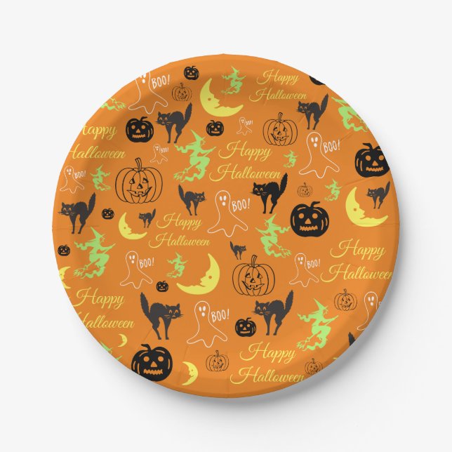 Happy Halloween Pumpkin Ghost Witch Moon Orange Paper Plate (Front)
