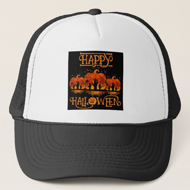 Happy Halloween Pumpkin Hands Bats Cemetery Trucker Hat (Front)