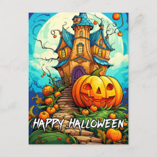 Happy Halloween Pumpkin & Haunted House Postcard