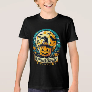 Happy Halloween Pumpkin in Witch Hat Full Moon Tri-Blend Shirt