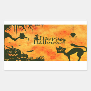Happy Halloween Pumpkin Jack o Lantern Black Cat Rectangular Sticker
