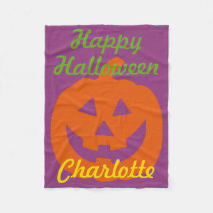 Happy Halloween Pumpkin on Purple Personalised Fleece Blanket