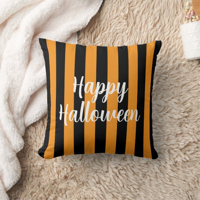 Happy Halloween Pumpkin Orange Black Striped Cushion (Blanket)