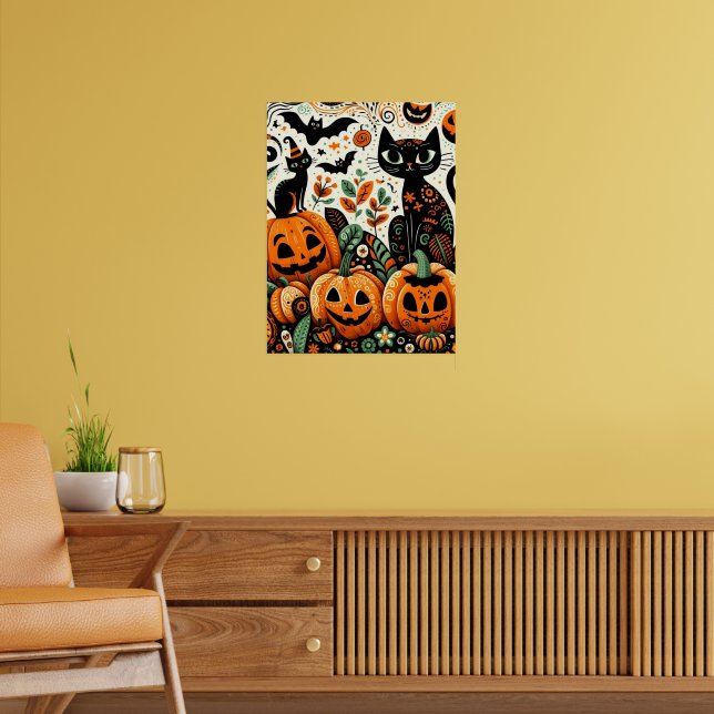 Happy Halloween Pumpkin Patch Black Cat Poster (Living Room 2)