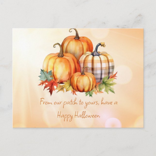Happy Halloween Pumpkin Patch & Leaves Halloween Holiday Postcard (Front)