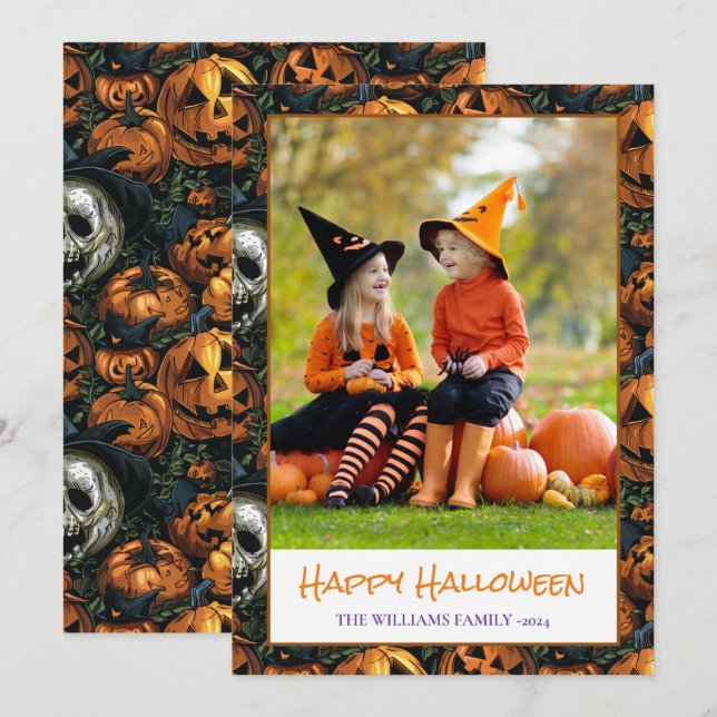 Happy Halloween Pumpkin Photo Holiday Card (Front/Back)