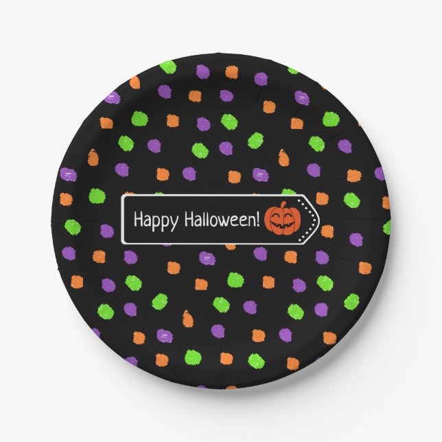 Happy Halloween Pumpkin Polka Dot Paper Plate (Front)