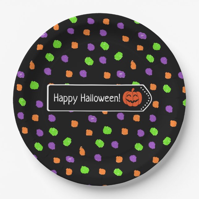 Happy Halloween Pumpkin Polka Dot Paper Plate (Front)