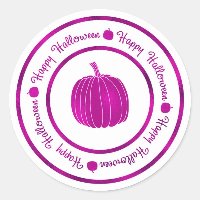 Happy Halloween & Pumpkin Purple Shine Glam Trendy Classic Round Sticker (Front)