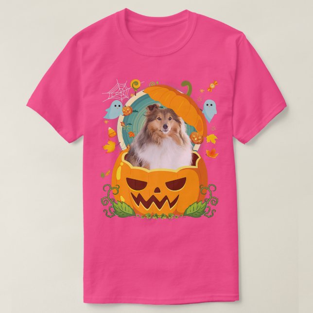 Happy Halloween Pumpkin Sheltie Dog Witch Cute Hat T-Shirt (Design Front)