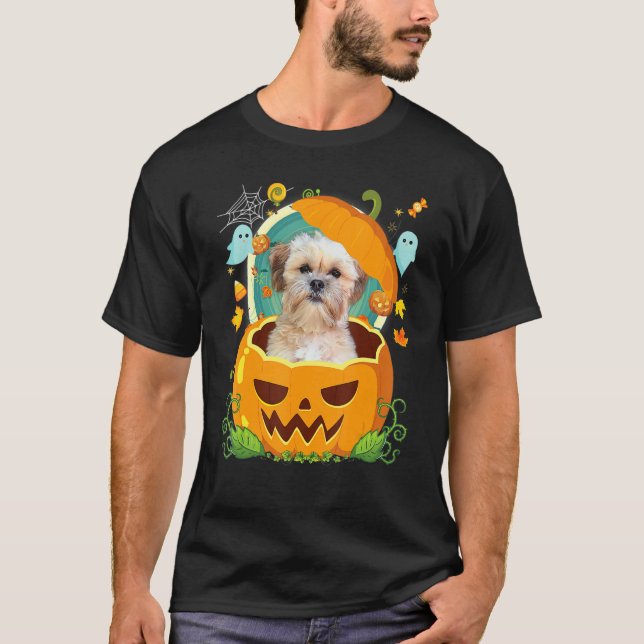 Happy Halloween Pumpkin Shichon Dog Witch Cute Hat T-Shirt (Front)