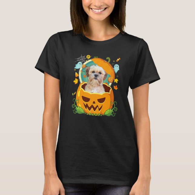 Happy Halloween Pumpkin Shichon Dog Witch Cute Hat T-Shirt (Front)