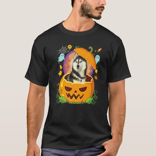 Happy Halloween Pumpkin Siberian Husky Dog Witch C T-Shirt (Front)