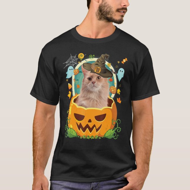 Happy Halloween Pumpkin Somali Cat Witch Cute Hat T-Shirt (Front)