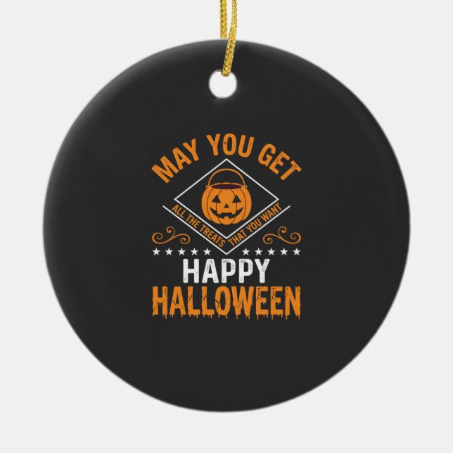 Happy Halloween Pumpkin Treats Vector Design Ceramic Tree Decoration (Front)