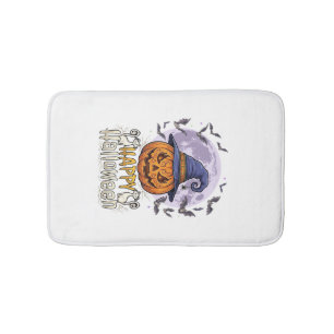 Happy Halloween Pumpkin Witch Hat Bats Full Moon_1 Bath Mat