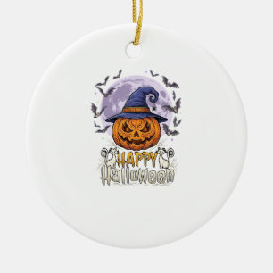 Happy Halloween Pumpkin Witch Hat Bats Full Moon_1 Ceramic Tree Decoration