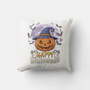 Happy Halloween Pumpkin Witch Hat Bats Full Moon_1 Cushion