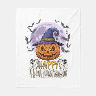 Happy Halloween Pumpkin Witch Hat Bats Full Moon_1 Fleece Blanket