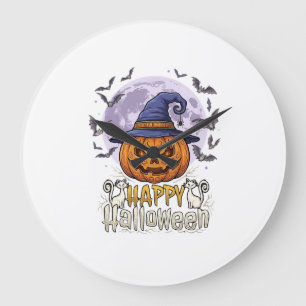 Happy Halloween Pumpkin Witch Hat Bats Full Moon_1 Large Clock