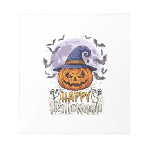 Happy Halloween Pumpkin Witch Hat Bats Full Moon_1 Notepad