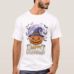 Happy Halloween Pumpkin Witch Hat Bats Full Moon_1 T-Shirt