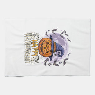 Happy Halloween Pumpkin Witch Hat Bats Full Moon_1 Tea Towel