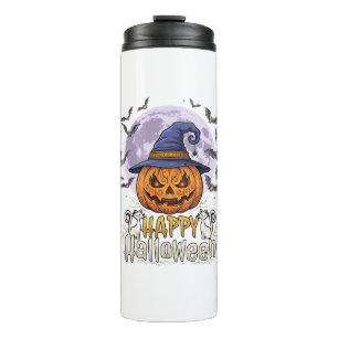 Happy Halloween Pumpkin Witch Hat Bats Full Moon_1 Thermal Tumbler