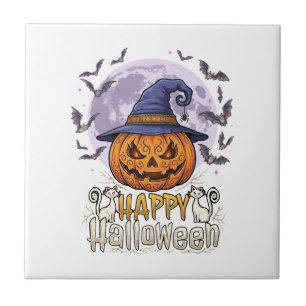 Happy Halloween Pumpkin Witch Hat Bats Full Moon_1 Tile