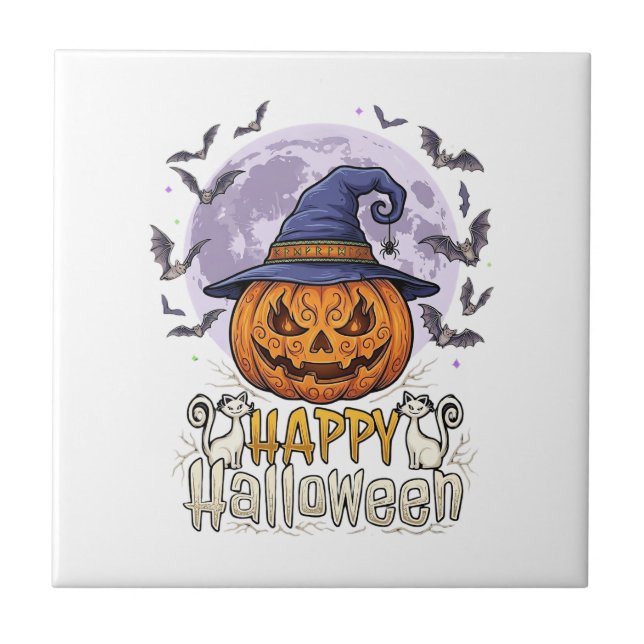 Happy Halloween Pumpkin Witch Hat Bats Full Moon_1 Tile (Front)