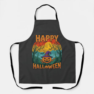 Happy Halloween Pumpkin Witch Hat Full Moon Bats Apron