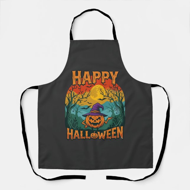 Happy Halloween Pumpkin Witch Hat Full Moon Bats Apron (Front)