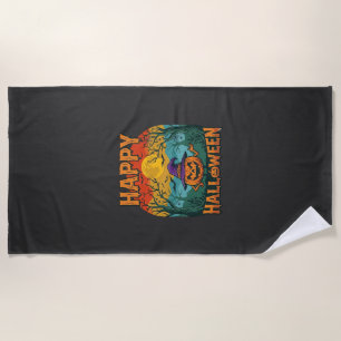 Happy Halloween Pumpkin Witch Hat Full Moon Bats Beach Towel