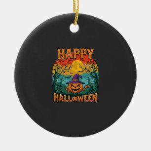 Happy Halloween Pumpkin Witch Hat Full Moon Bats Ceramic Tree Decoration