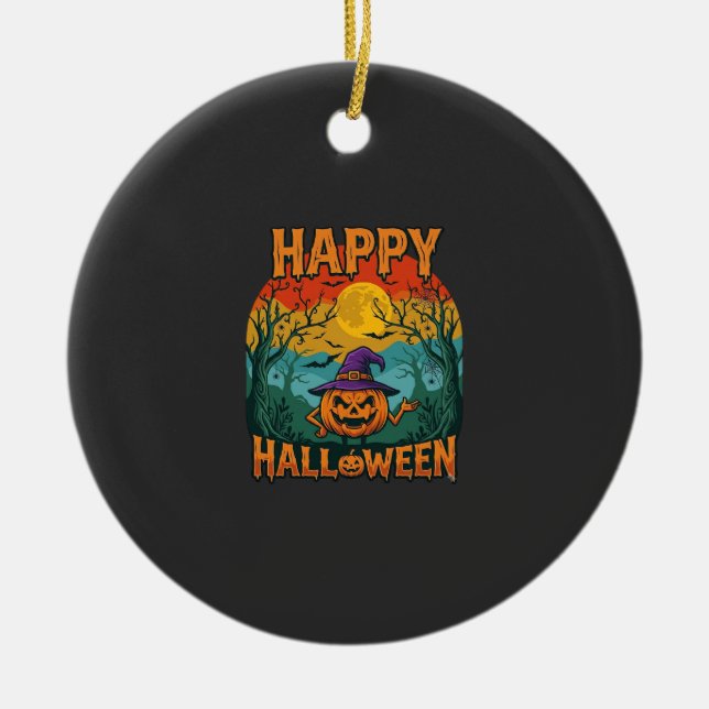 Happy Halloween Pumpkin Witch Hat Full Moon Bats Ceramic Tree Decoration (Front)